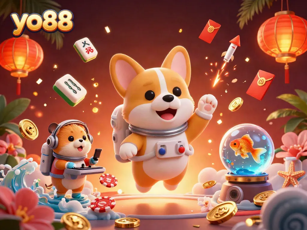 yo88 game characters navigate an exciting floating casino scene filled with poker chips and stars