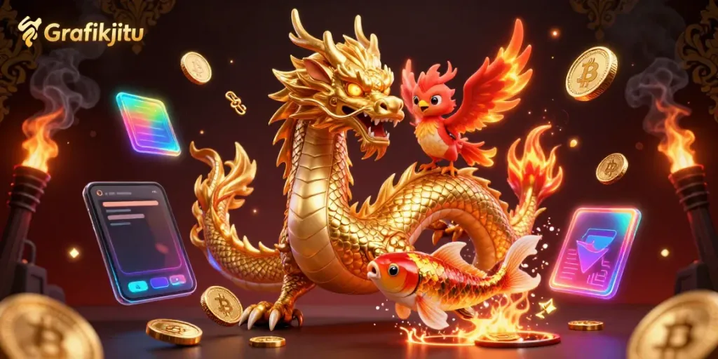 Engage with Grafikjitu's immersive gaming world featuring a golden dragon, phoenix, and koi fish amidst crypto coins.