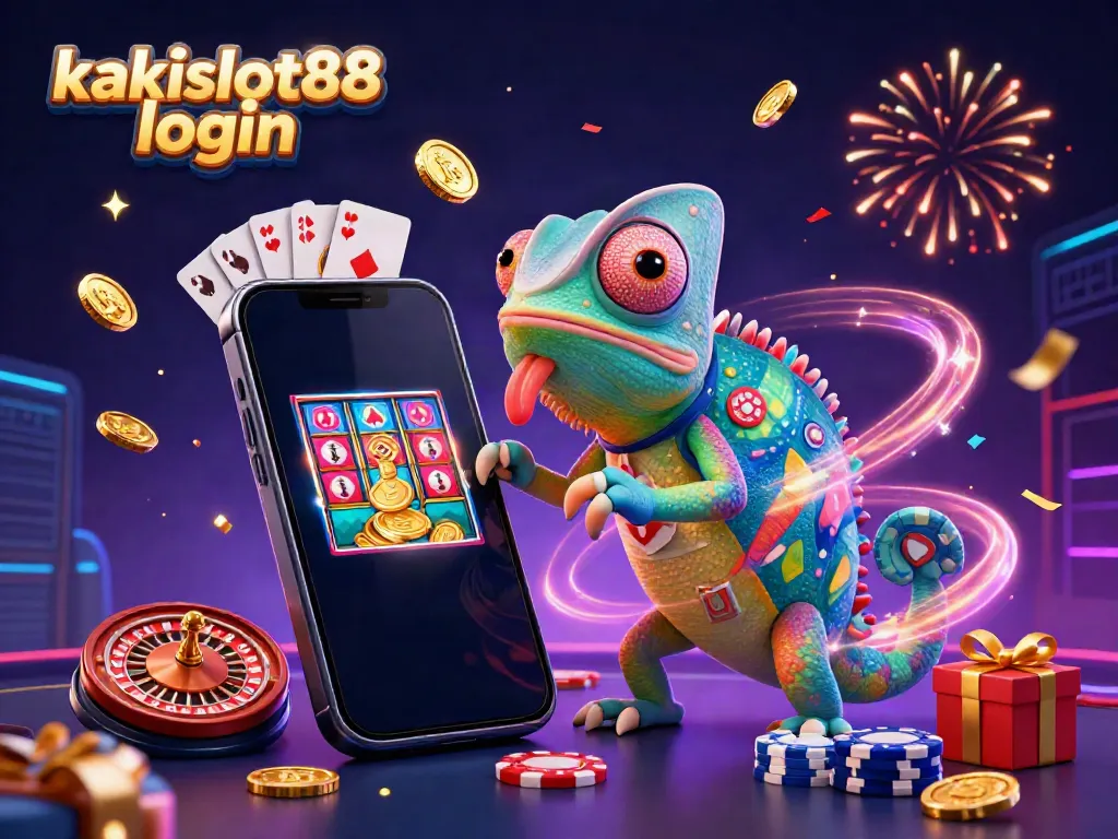 Gambaran menarik kakislot88 login dengan chameleon pemilik kasino dan elemen perjudian lainnya.