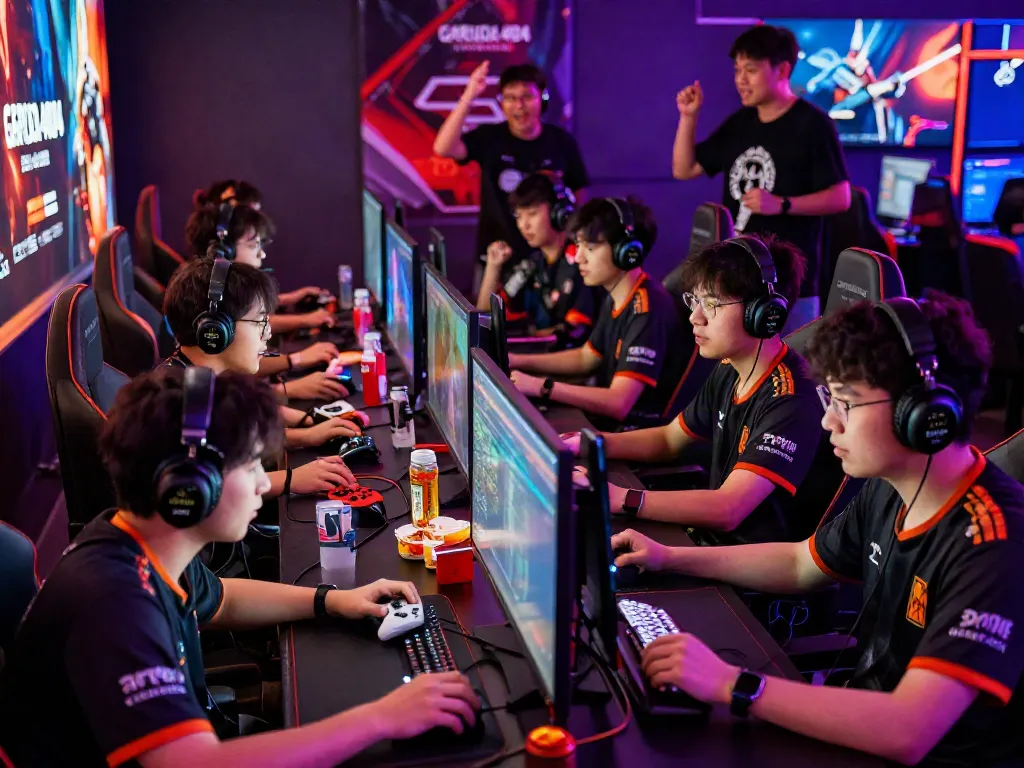 Exciting Garuda404 gaming competition in a vibrant esports lounge with players and cheering fans.