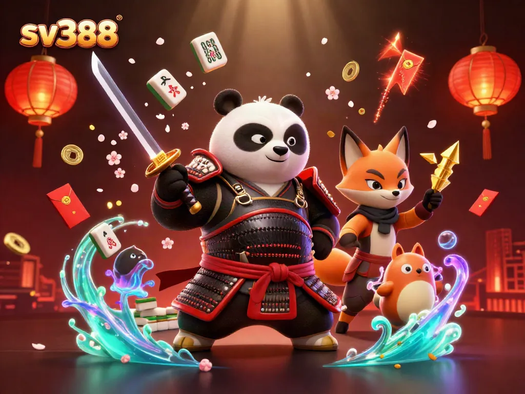 Experience thrill with sv388's dynamic samurai panda and ninja fox in this vibrant online casino scene.