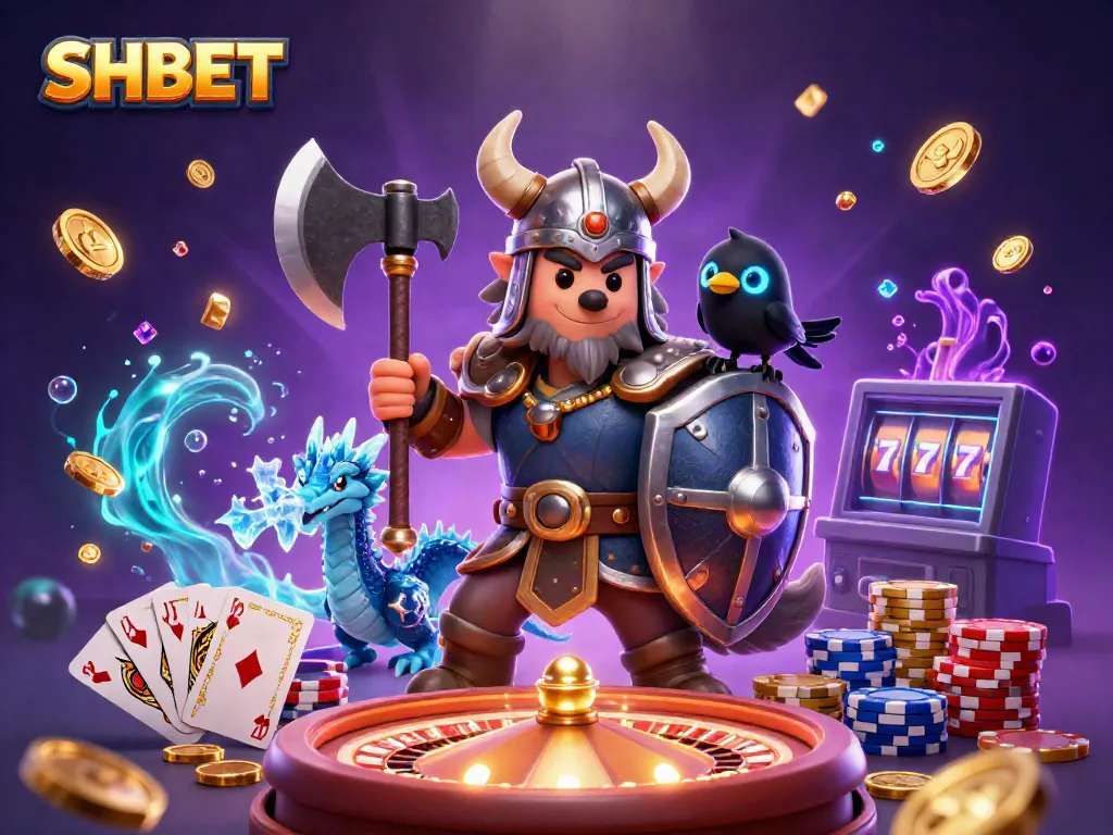 Experience thrilling wins with SHBET in a vibrant 3D casino scene filled with exciting gaming elements.