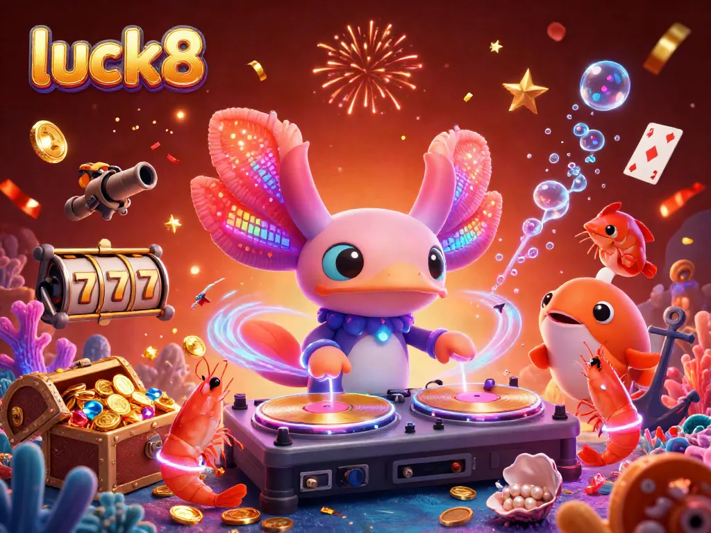 Experience excitement at luck8 with a vibrant underwater casino scene featuring dancing characters and slot elements.