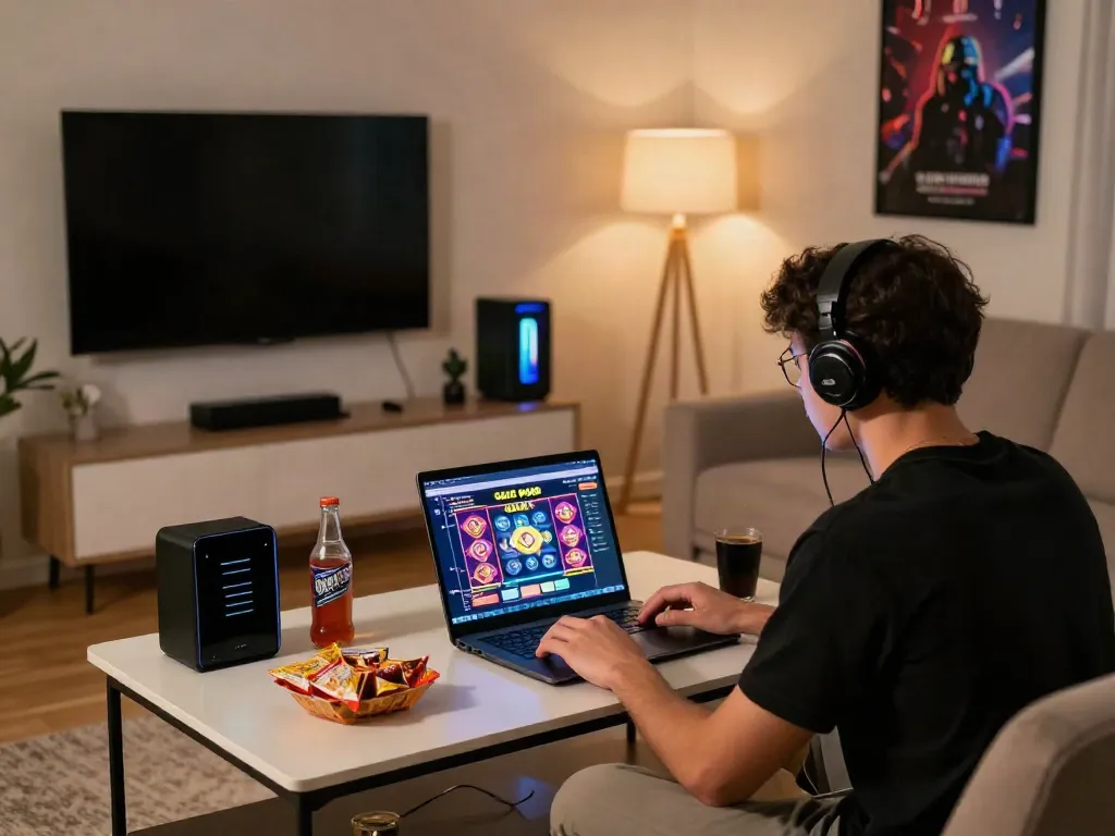 Engaging slot gacor gaming scene with laptop and snacks in a modern living room