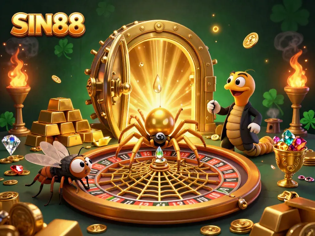 SIN88 invites excitement as the golden spider spins a roulette wheel web, thrilling a fly at the edge.