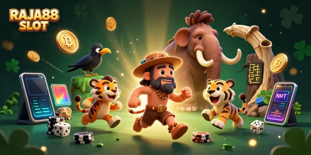 Experience thrilling gameplay with RAJA88 SLOT in a vibrant prehistoric casino scene