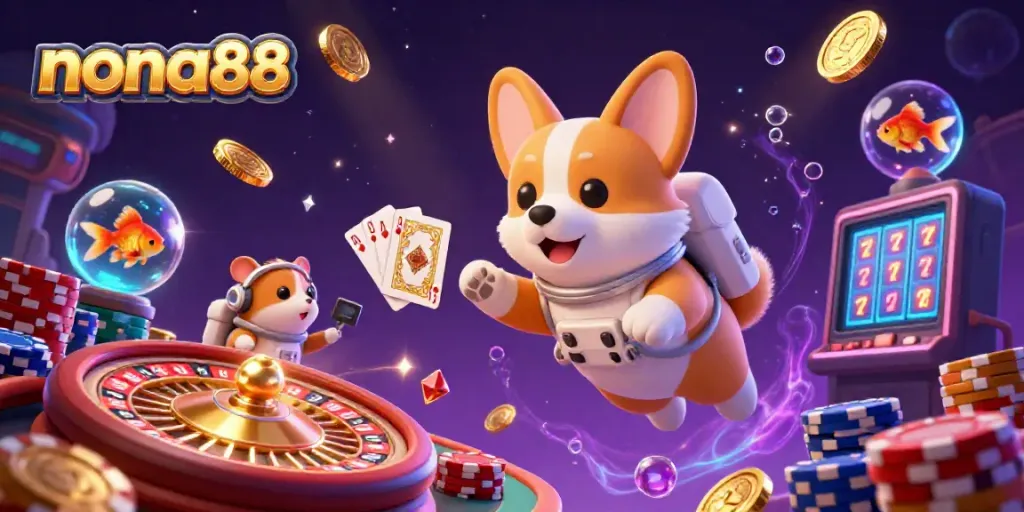 Experience the thrilling world of nona88 in a dynamic casino scene featuring a corgi astronaut and bright casino elements.
