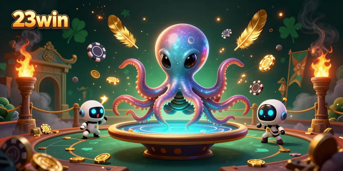 Engage with 23win's holographic poker table in an energetic galaxy-themed casino scene.