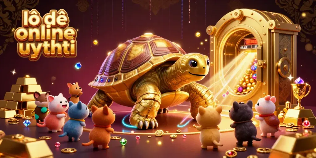 Exciting scene of lô đề online uy tín with a golden tortoise pinball machine amidst dazzling treasures.