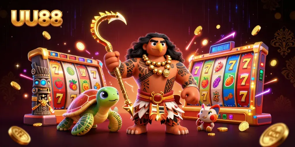 UU88’s Polynesian demigod hawk and turtle in a vibrant casino scene with slot machines.