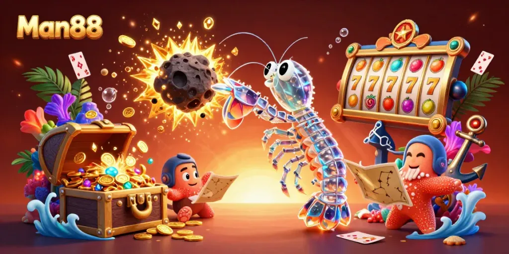 Experience thrilling wins at Man88 with our vibrant illustration of a mantis shrimp and starfish surrounded by slot game elements.