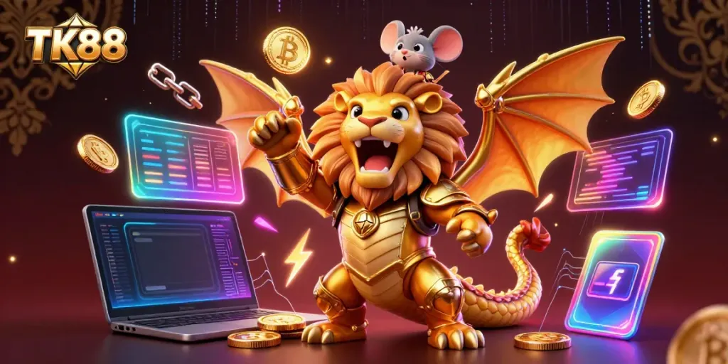 Experience the excitement of TK88 with a golden chimera roaring among crypto coins and vibrant game elements.