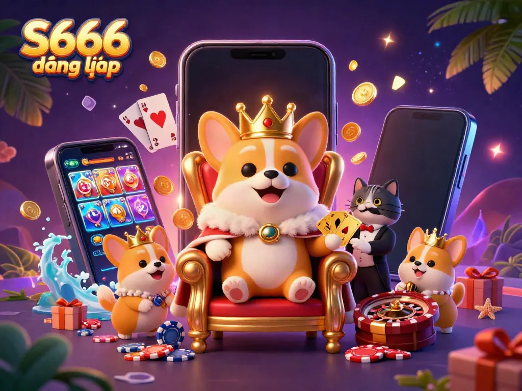 Engage with S666 đăng nhập through a vibrant fantasy illustration showcasing a royal corgi and casino elements.