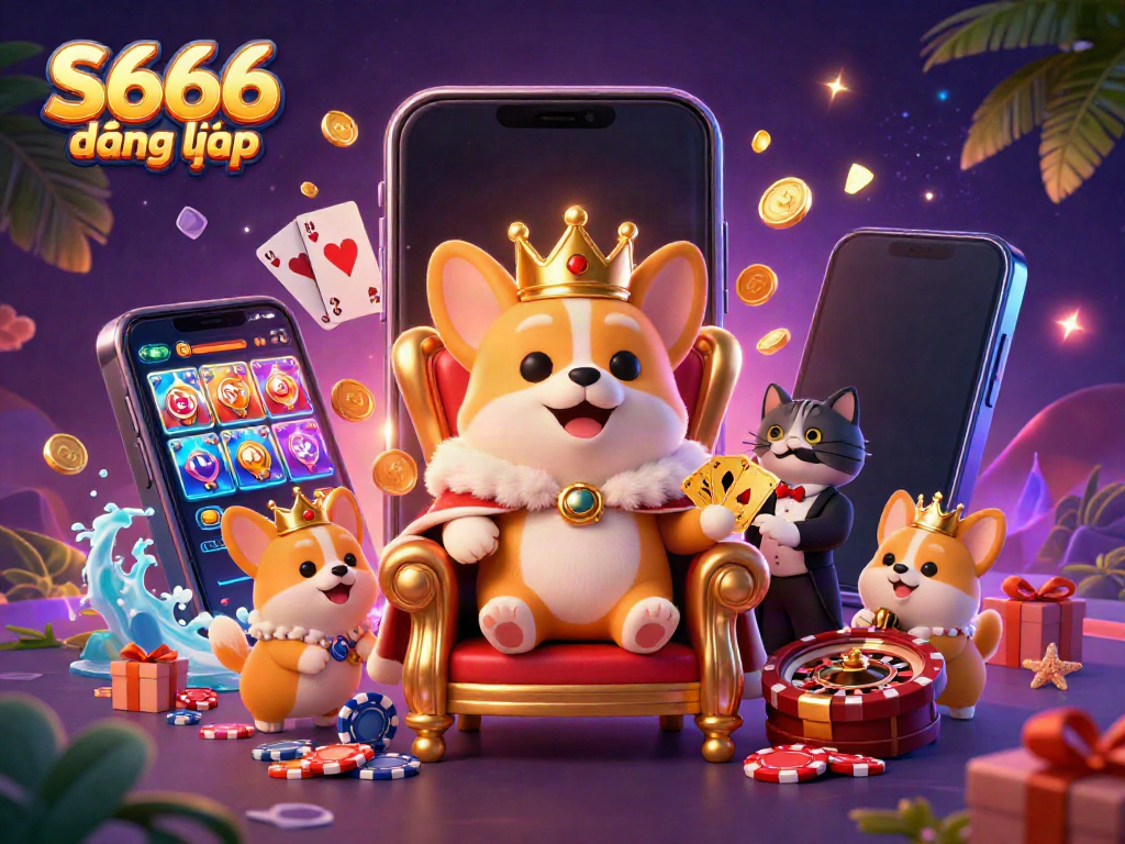 Engage with S666 đăng nhập through a vibrant fantasy illustration showcasing a royal corgi and casino elements.