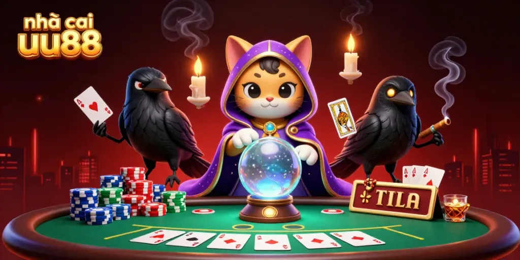 Engage with nhà cái uu88 at a mystical casino scene with fortune teller and chips.