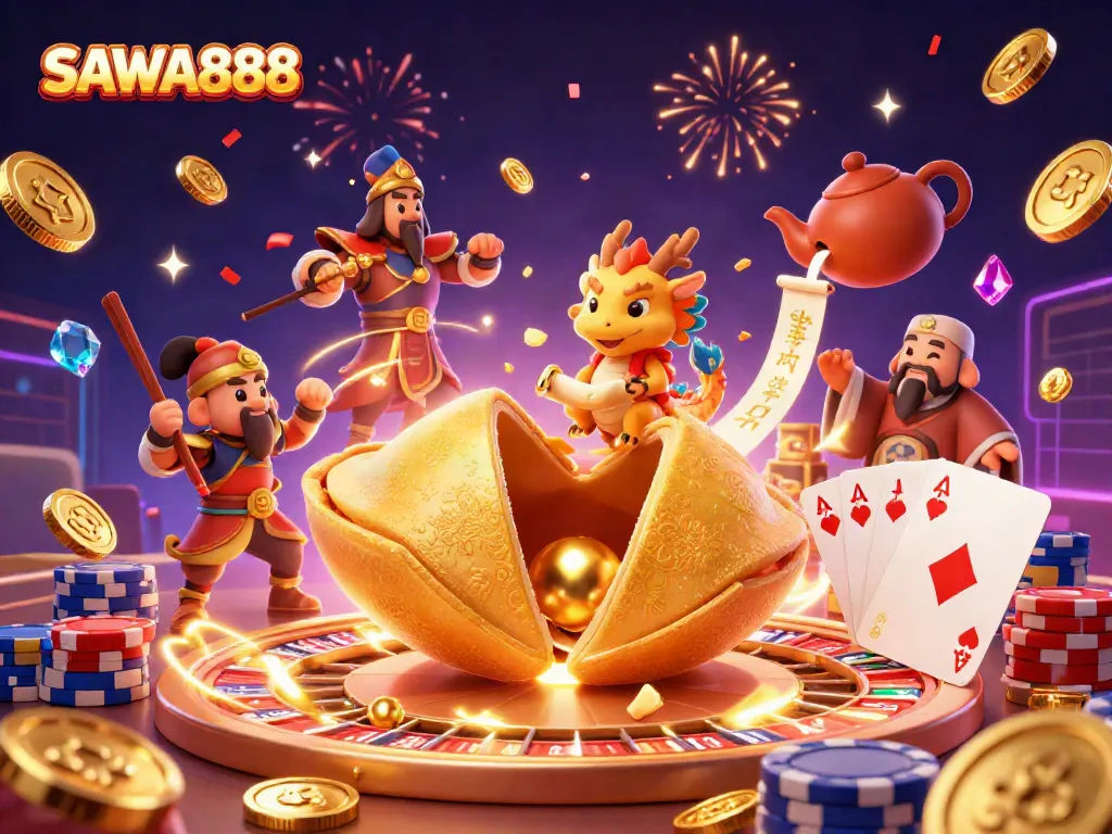 Engage in thrilling gameplay with SAWA888 featuring a majestic golden fortune cookie and vibrant casino elements.
