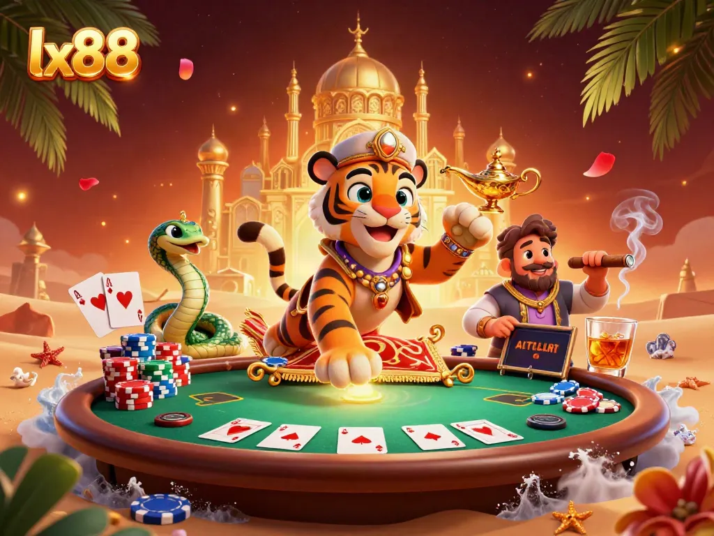 Join the lively action at lx88's poker table, where excitement meets vibrant casino elements.