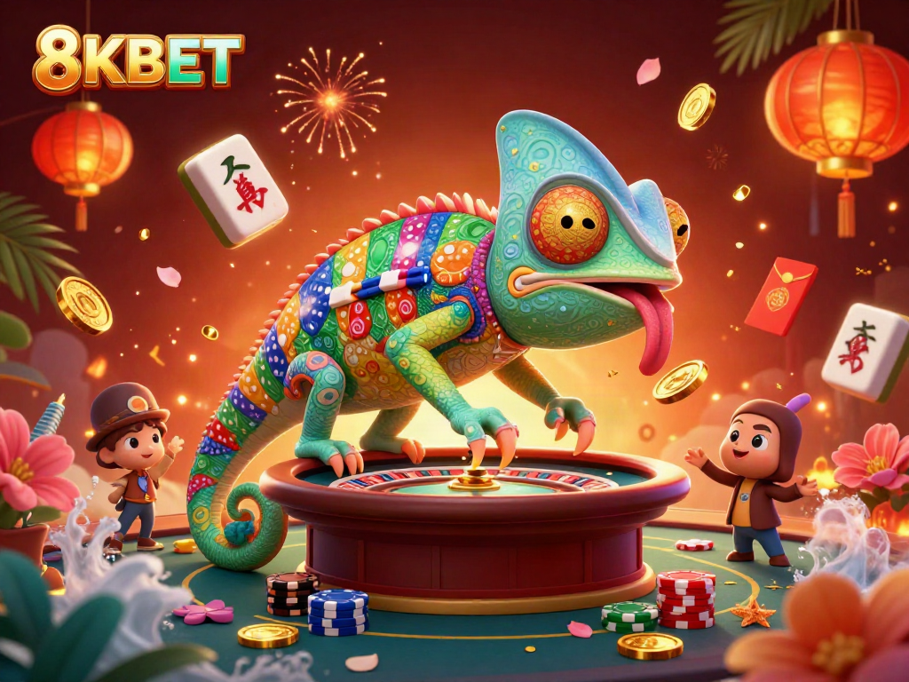 Experience the vibrant energy of 8KBET with clever gaming elements and a chameleon casino owner.