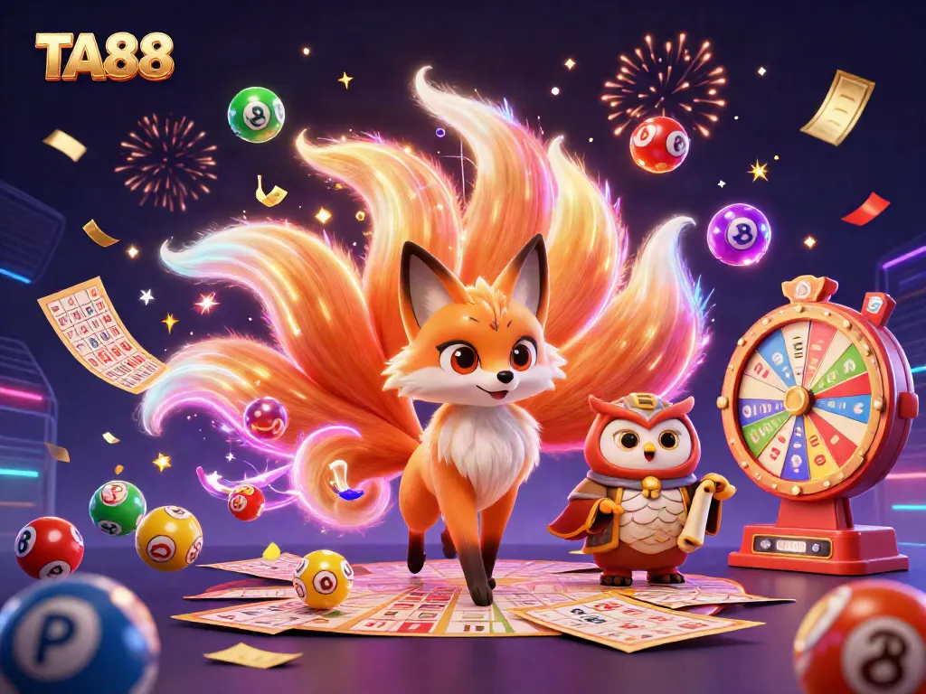 Experience gaming with TA88's vibrant energy, showcasing a lively colorful scene full of lottery elements.