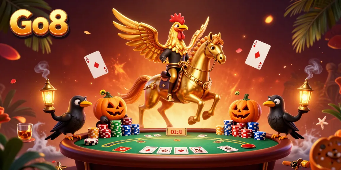 Experience thrilling gameplay with Go8 in a magical casino scene featuring a golden rooster and poker elements.