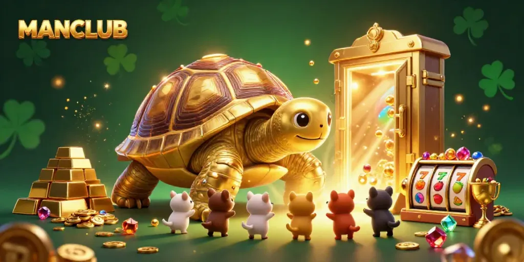 Experience thrilling gameplay at MANCLUB with a vibrant scene featuring a colossal tortoise pinball machine and treasures.