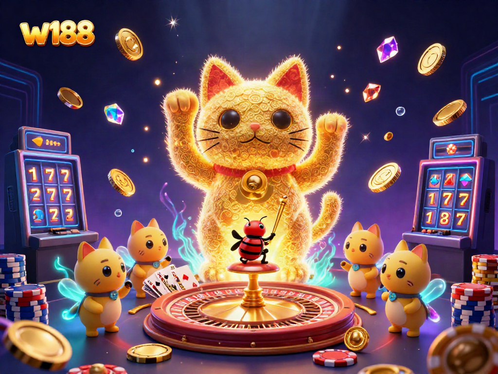 Experience the excitement of w188 with a vibrant lucky cat and dynamic casino elements in a lively 3D scene.