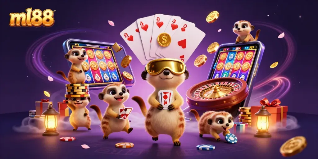 Experience excitement at ml88's casino with meerkats managing a vibrant gaming scene.