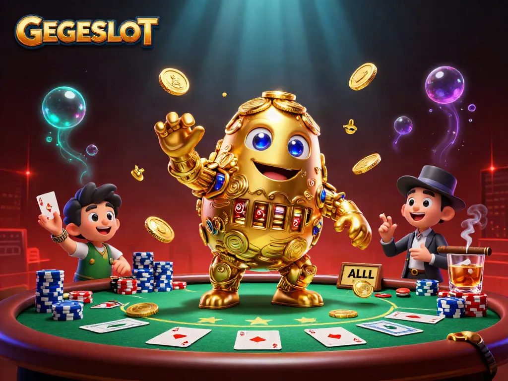 Engage with the GEGESLOT world featuring a golden golem amidst vibrant poker elements and dynamic gameplay.