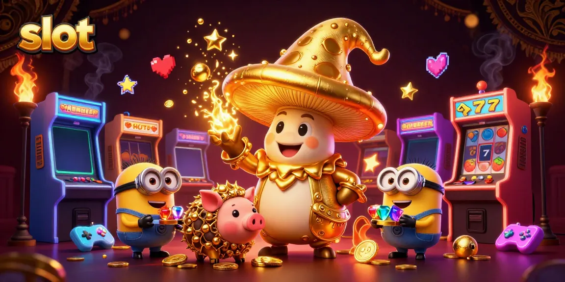 Spin the slot reels with a golden mushroom wizard and treasure-seeking pig in a vibrant casino scene.