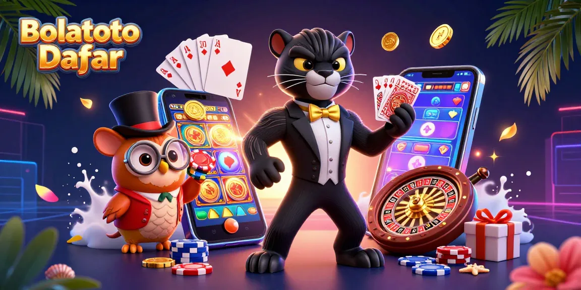 Engaging Bolatoto Daftar illustration with a stylish panther, wise owl, and lucky mouse in a vibrant casino scene.