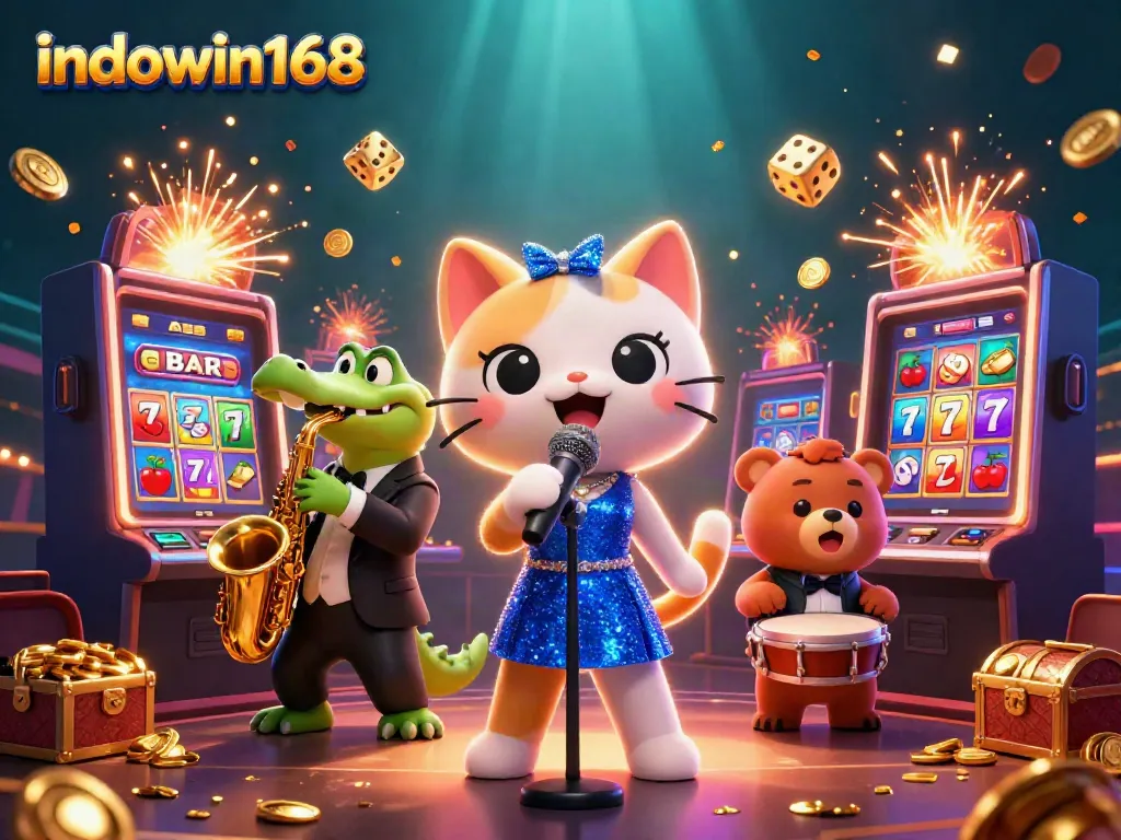 Gambarkan karakter indowin168 yang penuh aksi di panggung kasino dengan elemen slot yang mengesankan.