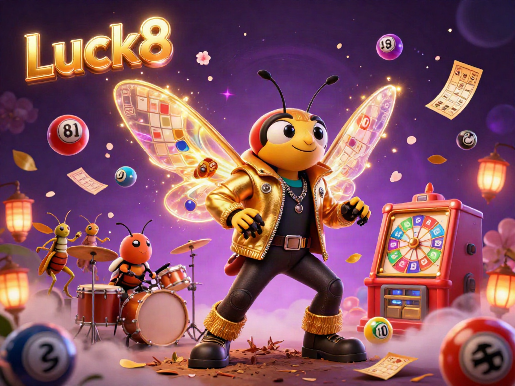 Experience Luck8's vibrant casino atmosphere with a cicada rock star and backup singers amidst dynamic game elements.