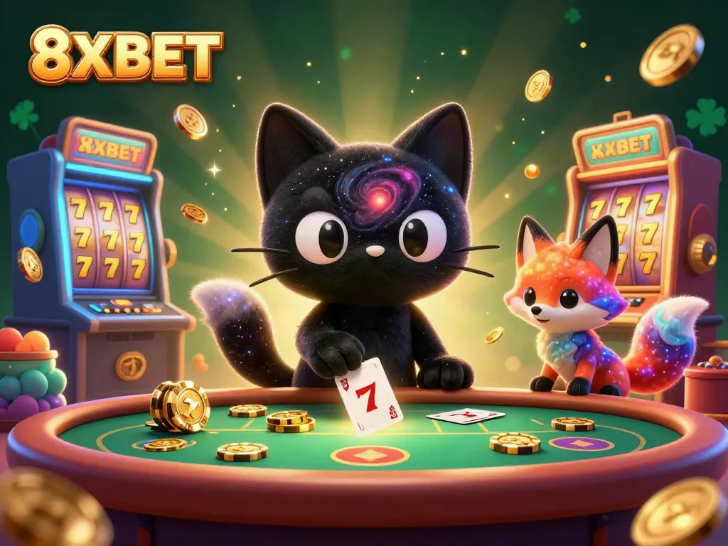 Engage in thrilling gameplay at 8XBET with a vibrant cosmic casino scene full of energy and excitement.