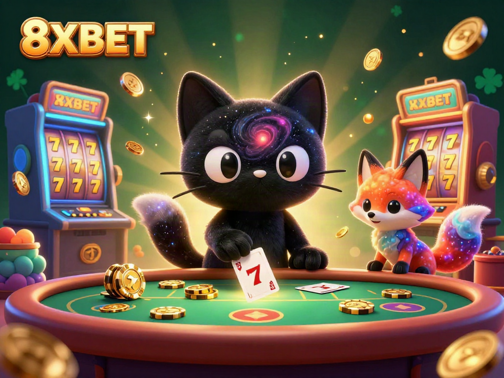Engage in thrilling gameplay at 8XBET with a vibrant cosmic casino scene full of energy and excitement.