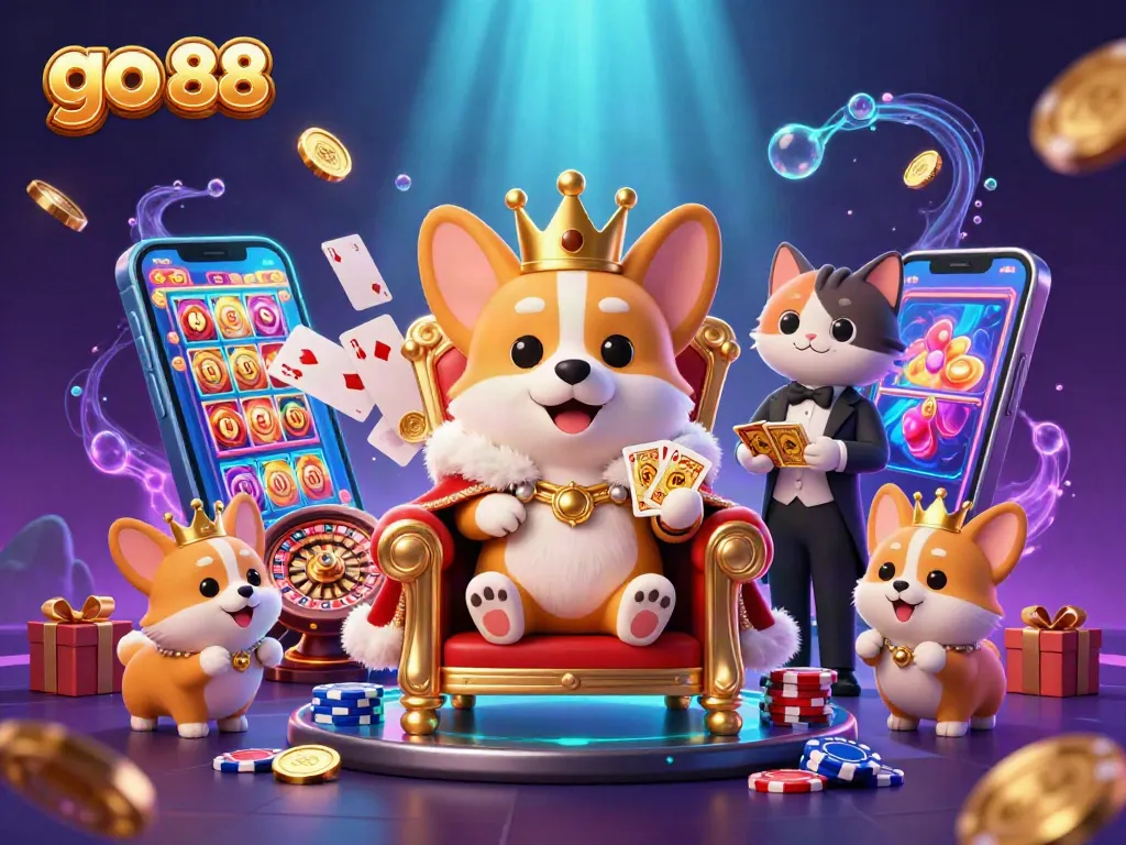 Chơi GO 88 với hình ảnh hoàng gia, tiara và thẻ bài vàng trong một bối cảnh casino hấp dẫn.