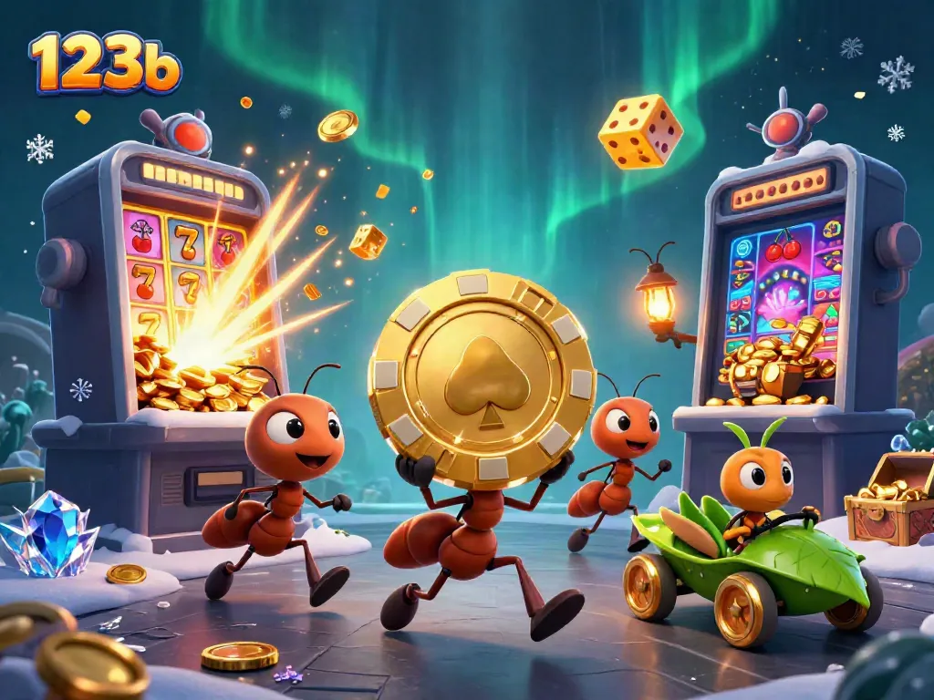 Engaging scene where 123b cartoon ants execute a heist under the watch of a firefly, amidst casino winnings.