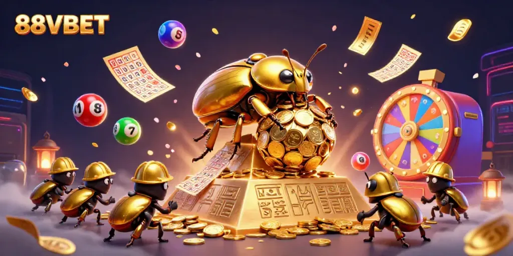 Feel the excitement of winning with 88VBET’s vibrant lottery and casino theme illustration!