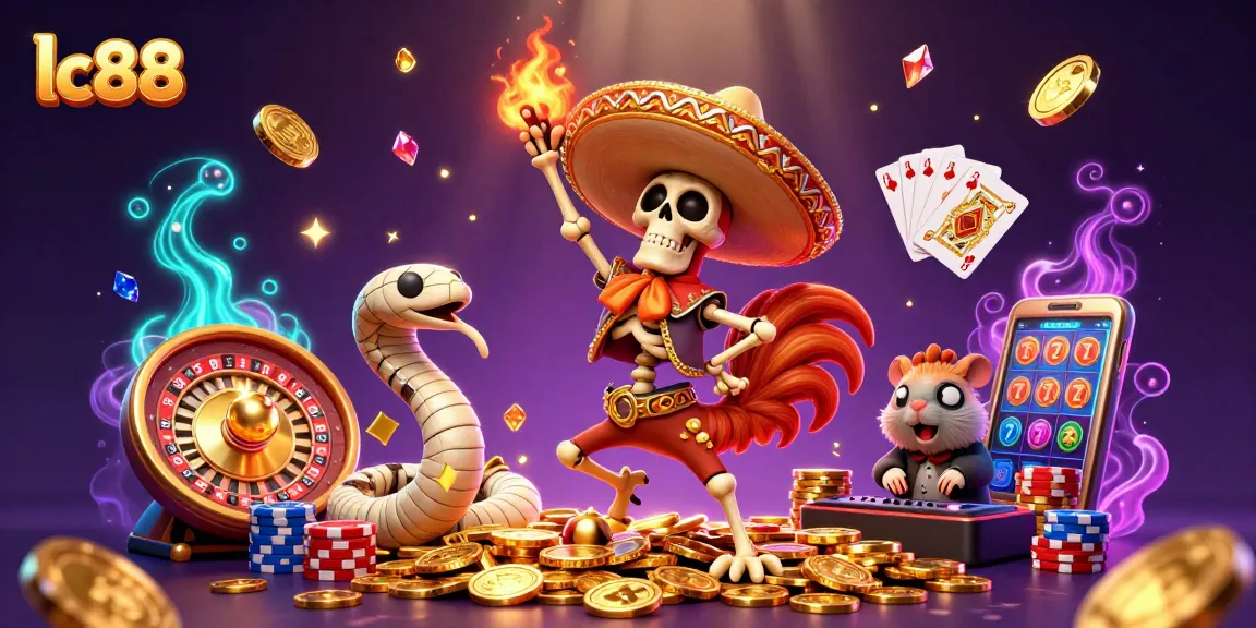 Experience thrilling games at lc88 featuring a mariachi rooster celebrating atop golden coins.