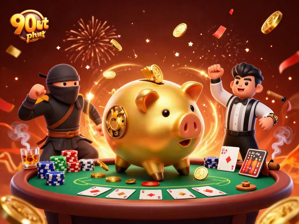 90phut features a golden piggy bank sumo wrestler smashing the ground for coins in an energetic casino scene.