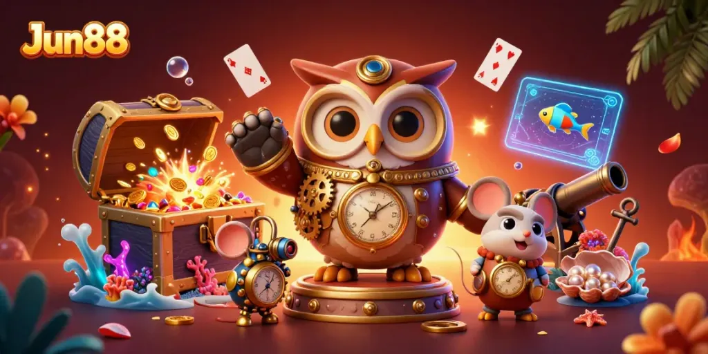 Engage in thrilling wins with Jun88 through vibrant casino gaming elements and whimsical characters.