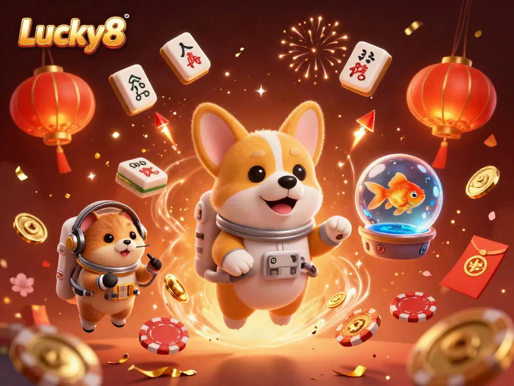 Engage in thrilling gameplay with Lucky8 as a corgi astronaut floats among cosmic poker chips and festive decor.