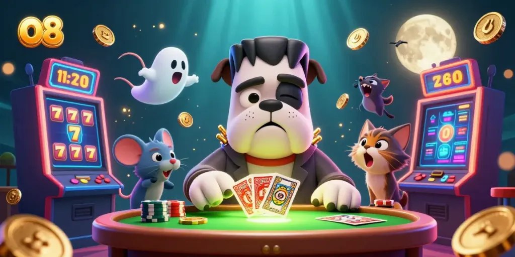 Engage in thrilling games at o8 casino with a lively 3D scene featuring unique characters and vibrant slot machines.