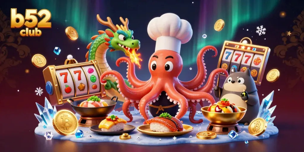 Experience the thrill of b52 club gaming with a vibrant 3D octopus chef, dragon, and tanuki in action.