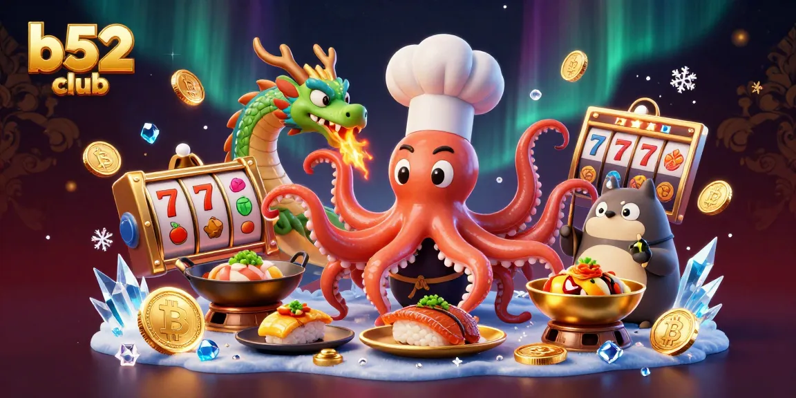 Experience the thrill of b52 club gaming with a vibrant 3D octopus chef, dragon, and tanuki in action.