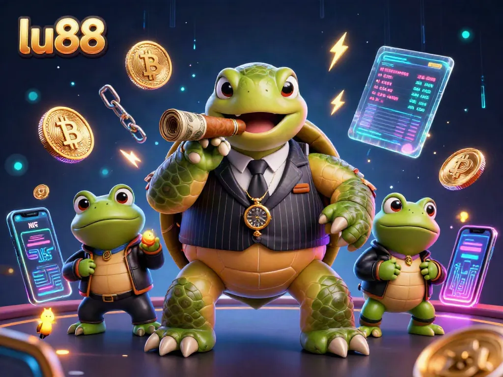 Experience the vibrant world of lu88 where a turtle in pinstripes embraces casino excitement.