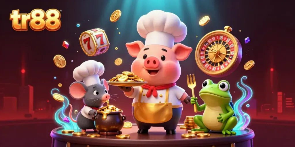 tr88 cartoon casino chef pig serving gold coins surrounded by vibrant gambling elements