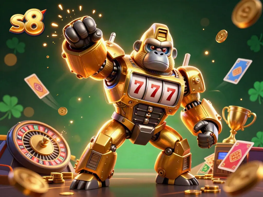 Hit the jackpot with s8's thrilling slot games featuring a powerful golden gorilla mech surrounded by vibrant casino elements.