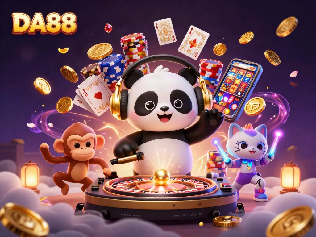 Experience the thrill of DA88 with vibrant casino energy from animated characters and sparkling gems.