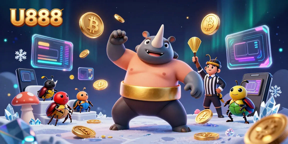 Experience U888's exhilarating casino action with a dynamic sumo beetle champion amidst a dazzling background.