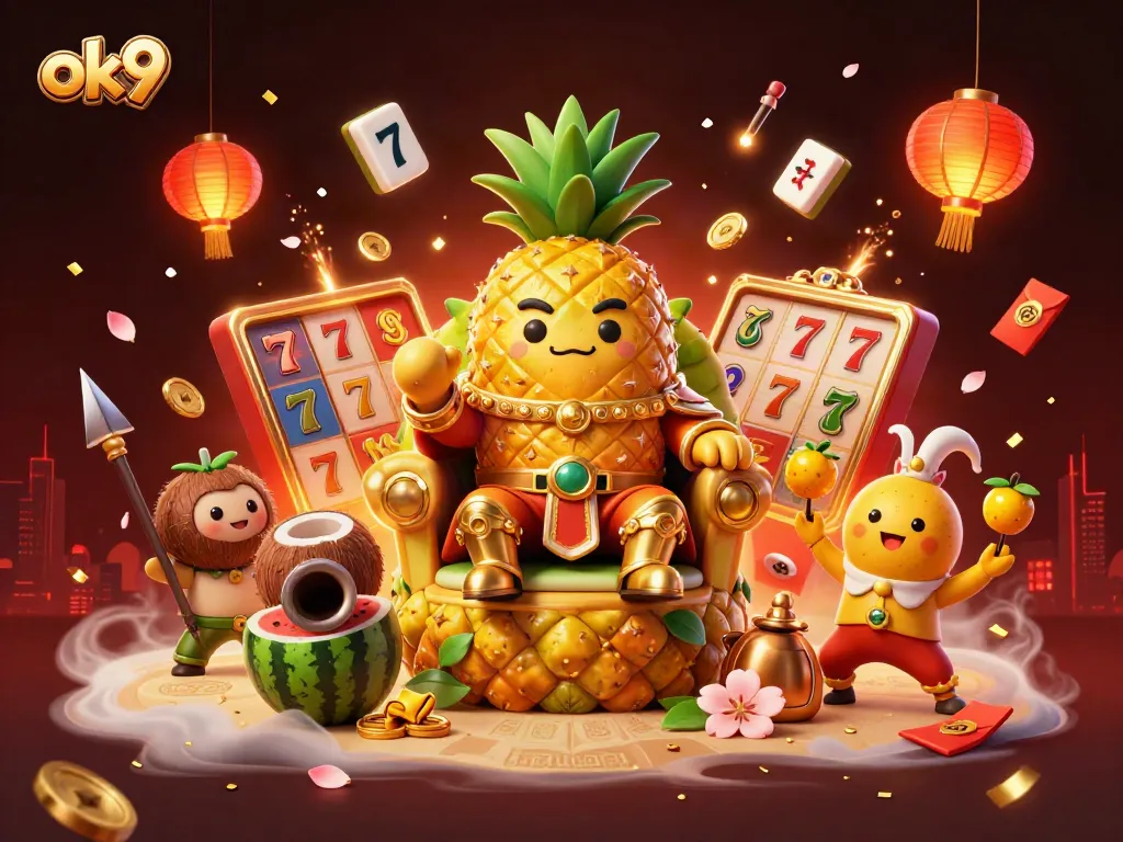 Spin slots with the playful ok9 characters in a vibrant casino scene filled with excitement.